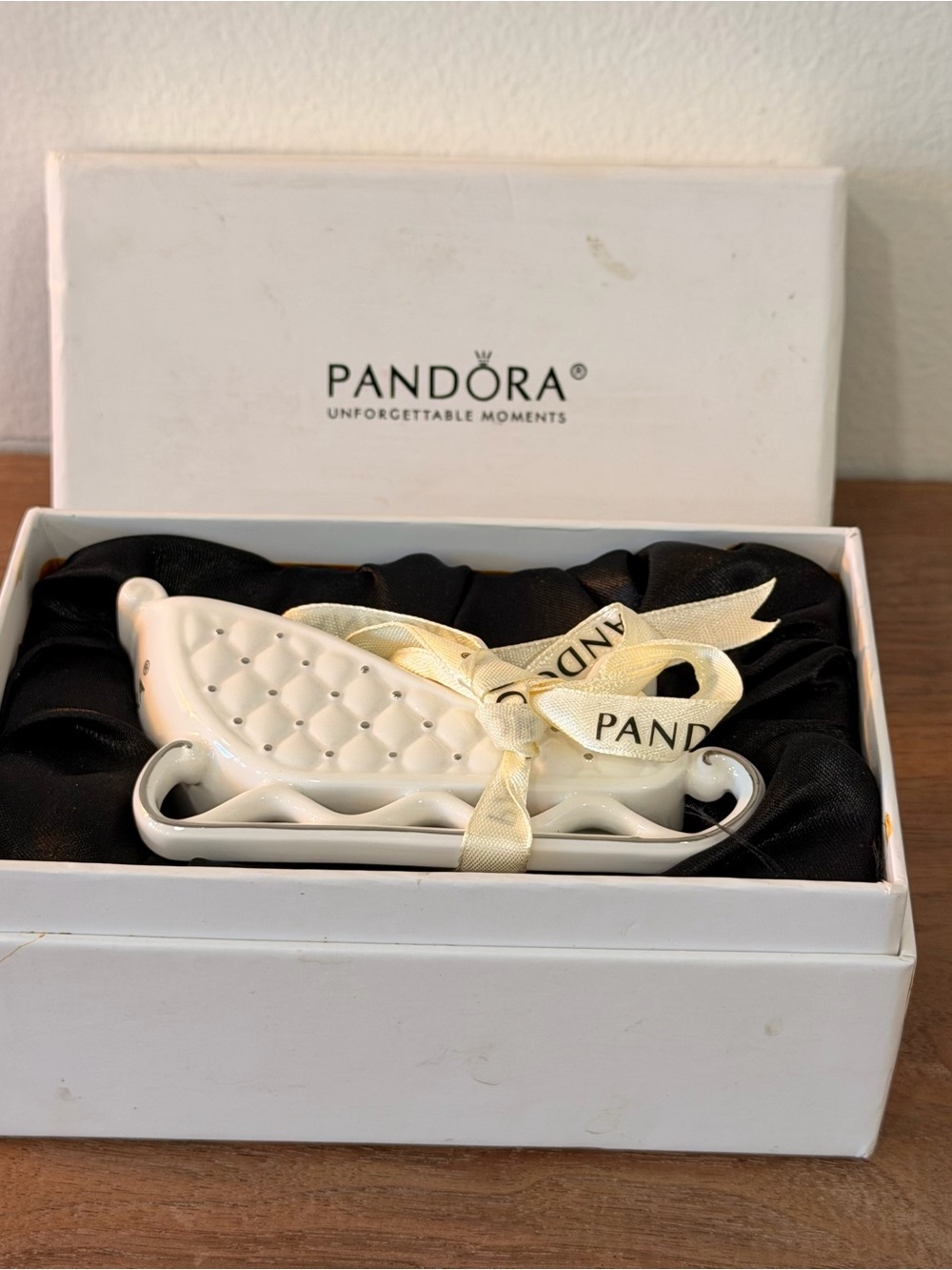 Pandora White Ceramic Sleigh Ornament - 2014 retired ornament for Christmas tree